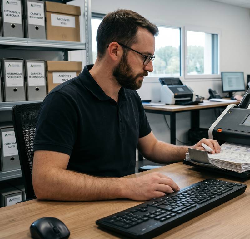 Opérateur spécialisé numérisant des registres techniques pour sécuriser les données d'un atelier aéronautique à Marseille.