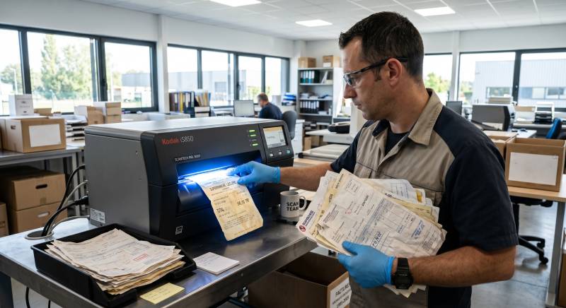 Opérateur numérisant en urgence des justificatifs comptables pour préparer l'audit fiscal d'une PME à Marseille.