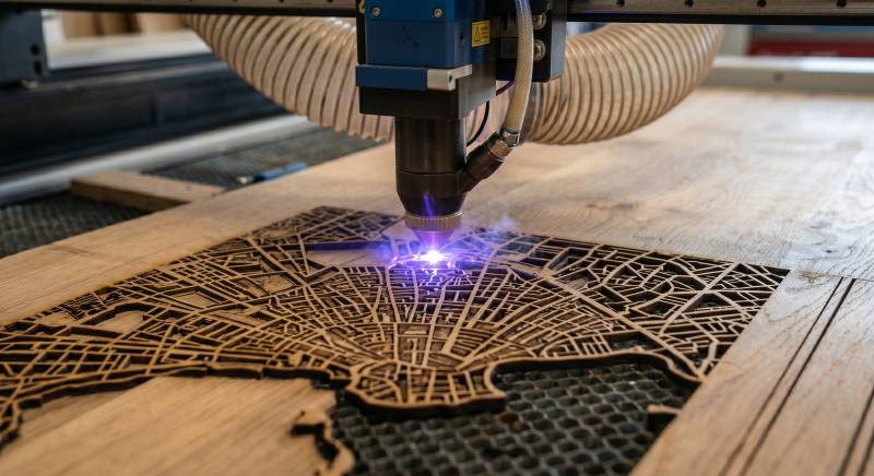Gravure et découpe laser millimétrique sur un panneau en chêne massif dans notre atelier spécialisé à Marseille.